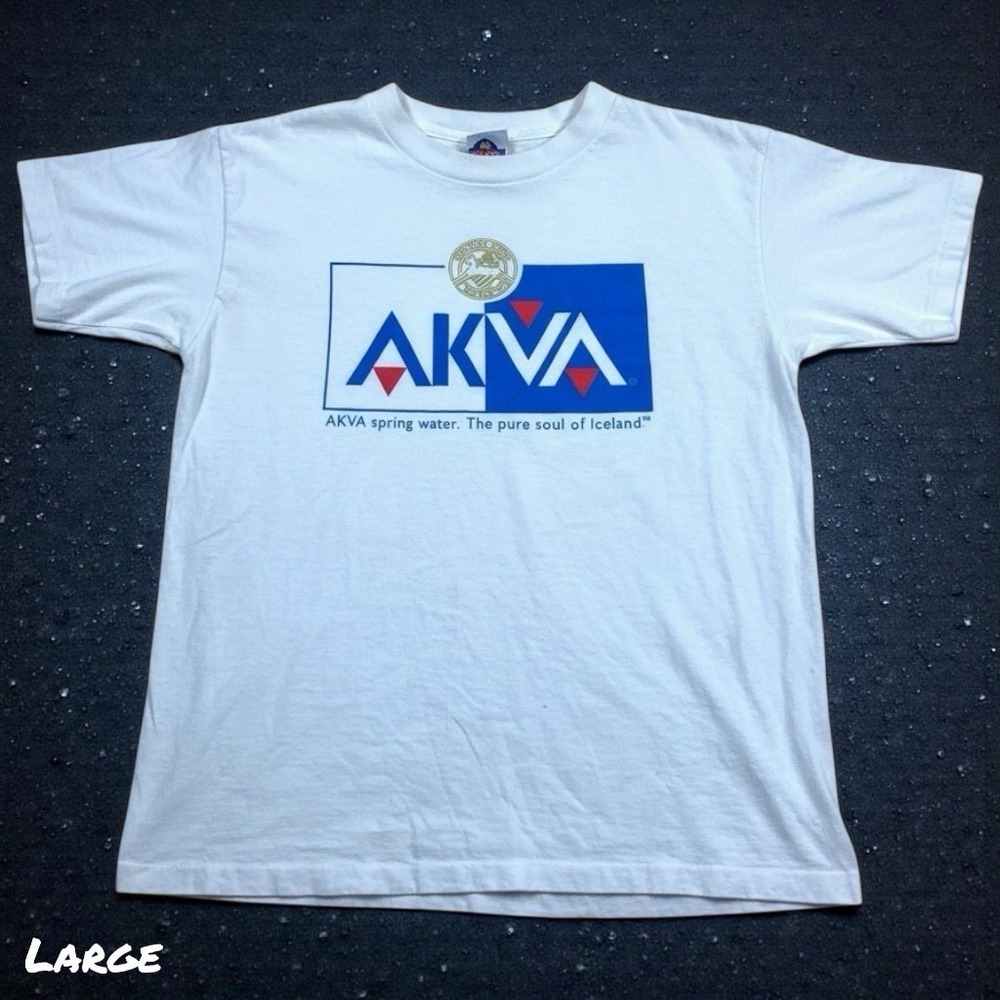 Vintage 90's T-Shirt AKVA Spring Water Iceland Mens Size LARGE White 100% Cotton